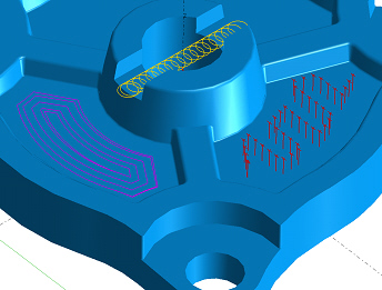 New in SmartCAM V14 Milling Applications: Plunge Roughing, Trochoidal Roughing and Pocket Roughing shown on a single part