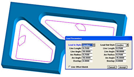 Lead In and Lead Outs are independently specified, as are Line Angle and Arc Angle.