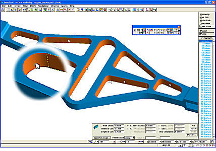 Selecting tangent surface profiles on a solid model using group tangent surface picking mode. Each feature is selected in turn with a single click.