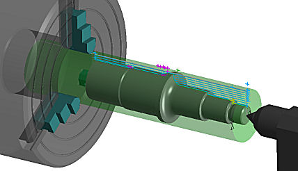 A SmartCAM model with fixturing and stock transparently displayed