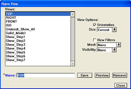 SmartCAM's new Name View dialog optionally captures the view orientation and size, geometry masked/unmasked and/or show/hide states, and view filter settings