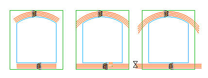 A group of offset toolpath passes first extended to stock boundary profile, then extended further by distance