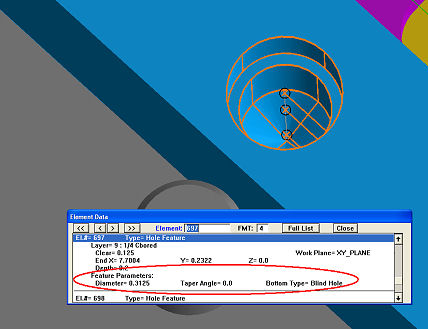 New Hole Feature elements contain Diameter, Taper Angle, and Bottom Type attributes