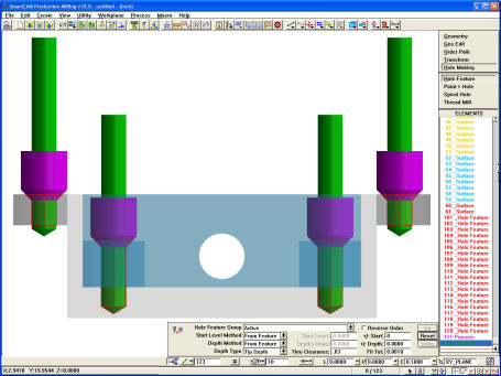 The new Hole Feature process automatically sets toolpath depths directly from compound hole features as shown for these countersunk and drilled thru and blind holes