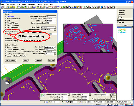 Region Marking used to display open region segments using dashed line style. Pocket and Profile toolpath enter from open side