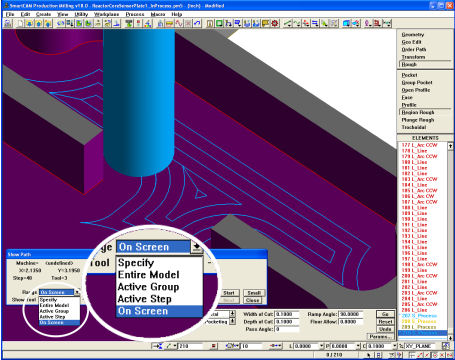 On-screen Range option increases Showpath efficiency by restricting processing to elements within the graphics windows extents. Speed ranges 1-8 can be customized to better match system performance