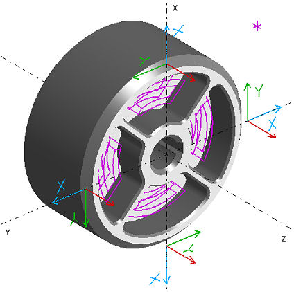 Milling Face features machined using a C-axis index and cut strategy. Each toolpath is placed on a user-defined, oriented face workplane. Note: Workplanes displayed offset from world Z axis for illustration clarity