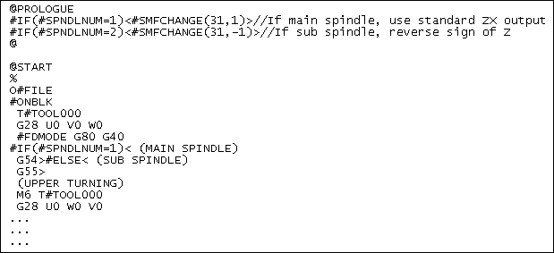 Code generator support for sub-spindle includes new prologue section and function for switching SMF file settings on-the-fly, and new template file words for spindle and turret status for conditional output.