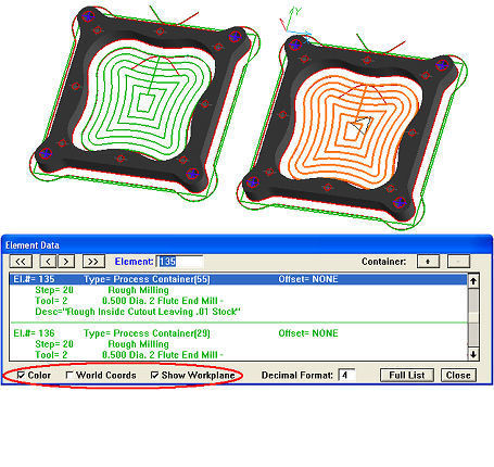 Enhanced Element Data dialog box optionally displays text in step/layer color using world or local coordinates. Workplane for selected element can also be displayed