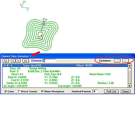 Process container element expanded in Element Data dialog. Coordinates and properties of individual elements within container are displayed