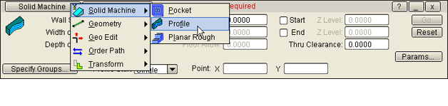 Task set menu showing Solid Machining Task Set with the Solid Profile Task under the cursor