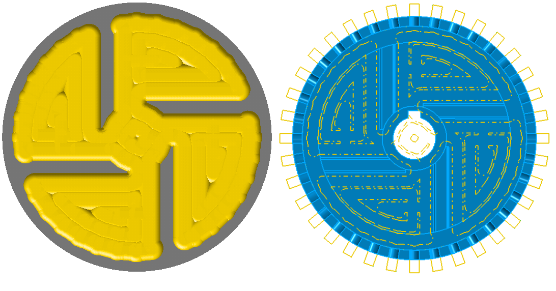 The Roughing toolpath ShowCut Simulation result showing the residual islands. The calculated Actual Rest Regions are shown on the right.