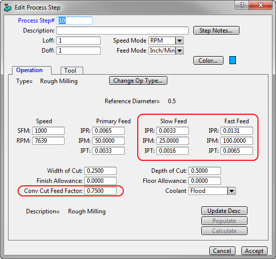 Roughing and Face Milling operations now include Fast Feed settings and a Conventional Milling Cut Feed Factor